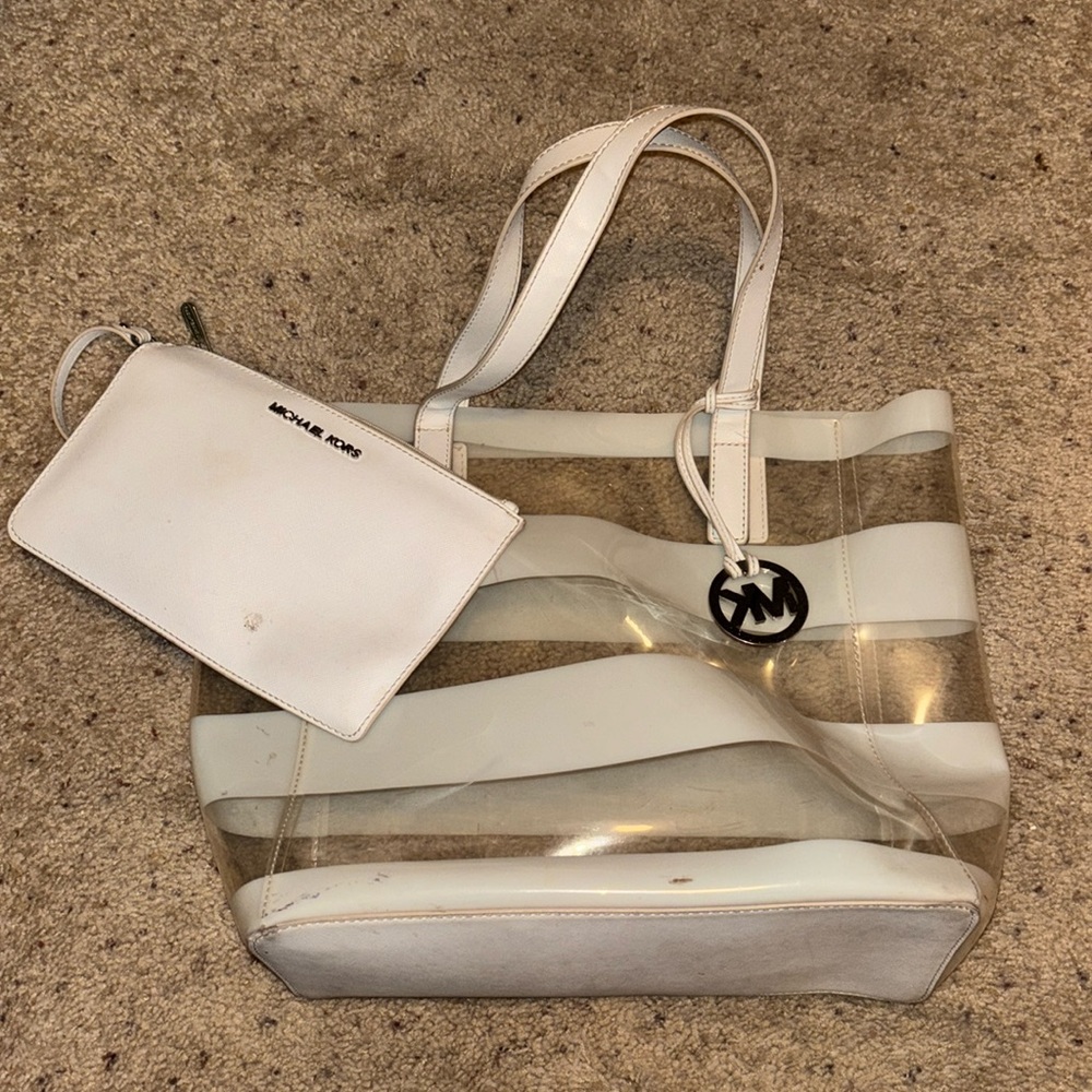 Michael Kors Striped Clear Tote and detachable clutch